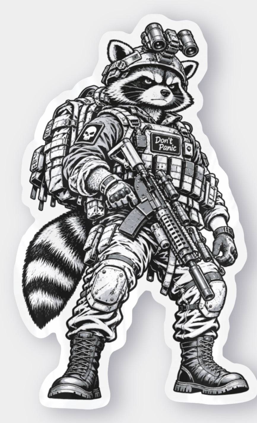 Tactical Raccoon Sticker  Military Animal Decal, Funny Army Vinyl Sticker